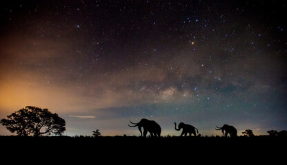 Naklejka na ściany i meble Amazing Panorama blue night sky milky way and star on dark background.Universe filled with star, nebula and galaxy with noise and grain. Over Light and selection focus.with Silhouette of the Elephant