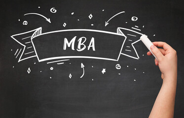 Hand drawing MBA abbreviation with white chalk on blackboard