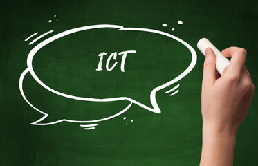 Hand drawing ICT abbreviation with white chalk on blackboard
