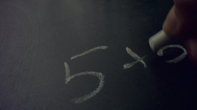 Woman hand holding piece of chalk. Unknown female person writing on blackboard