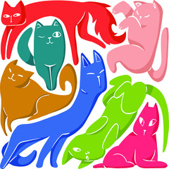 Cute lazy cats laying around. Editable artwork with isolated characters. 