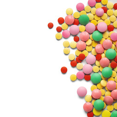 pile of medical pills on white background with place for text. Pattern for design.