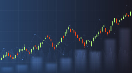 Abstract financial graph with up trend line candlestick chart in stock market on blue color background