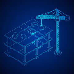 Building under construction with crane. Build house construct in process. Wireframe low poly mesh vector illustration