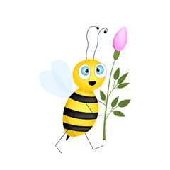 Cartoon cute bee mascot. A cheerful bee with flower.  Small wasp. Vector character. Insect icon. Design template for invitation, greeting card, wallpaper, kindergarten. Doodle style.