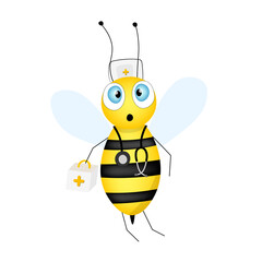 Cartoon cute bee mascot. Doctor bee with medical instruments. Small wasp. Vector character insect icon. Design template for invitation, greeting card, wallpaper, kindergarten. Doodle style.