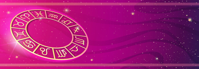 Personal horoscope prediction on magic colors background. Asrtology horizontal banner with place for text. Vector illustration
