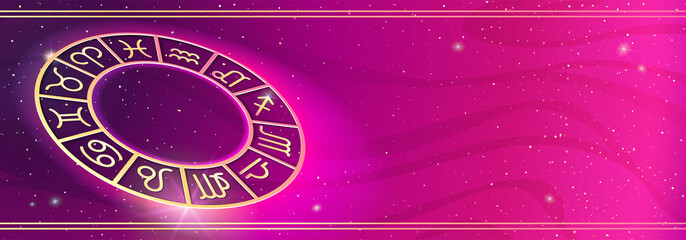 Personal horoscope prediction on magic colors background. Asrtology horizontal banner with place for text. Vector illustration
