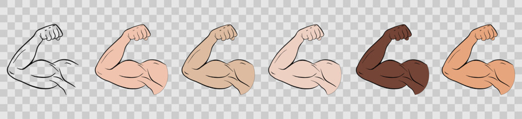 Biceps of a sports person. Body flexion or strong biceps logo. Set of vector icons - obrazy, fototapety, plakaty
