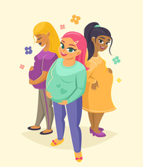 Three smiling pregnant women vector illustration