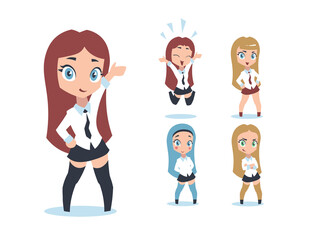 Vector illustration of a smiling girl in flat colors with five variations of the face expression, hair, clothing and pose. Cute chibi kid jumping in joy. Cheeky cartoon teenagers in school outfits.