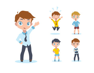 Vector illustration of a smiling boy in flat colors with five variations of face expression, hair, clothing and pose. Cute chibi kid jumping in joy. Cheeky cartoon teenagers in school outfits.