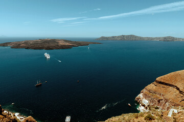 Scenic sea view from seaside cafe on Santorini island, Greece.
