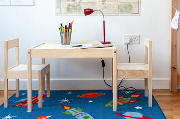 Child's furniture assembled from flat pack set of two small chairs with desk in child's bedroom.