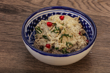 Vagan dietary cusine - mutabal with granet seeds