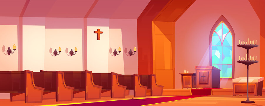 Catholic church interior with altar, wooden benches, tall arch window and candles. Vector cartoon illustration of cathedral inside, old room for religious praying with pulpit for priest