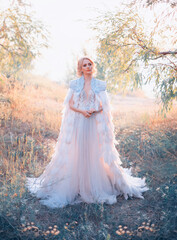 Obraz na płótnie Canvas beautiful woman bride. Wedding trend creative coat, embroidered with silver stones bird feathers cape. White long evening romantic luxury dress. Fantasy Queen Elegant blonde hairstyle. autumn nature