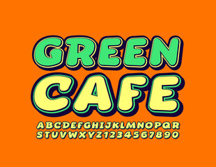 Vector creative logo Green Cafe with trendy Font. Yellow Alphabet Letters and Numbers