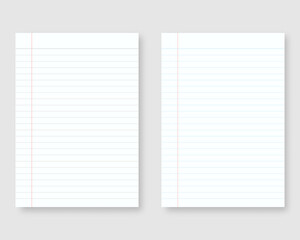 Notebook paper with line and margin. Sheet of lined paper template. Mockup isolated. Template design. Realistic vector illustration.
