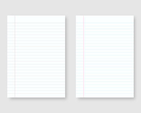 Notebook paper with line and margin. Sheet of lined paper template. Mockup isolated. Template design. Realistic vector illustration.
