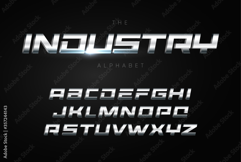 Poster metallic letters geometric square alphabet heavy bold font with steel texture futuristic typography 