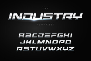 metallic letters geometric square alphabet heavy bold font with steel texture futuristic typography design font for logo headline monogram and poster