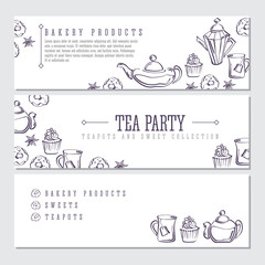 Set of labels with isolated vector sketch of donuts, badyan, cupcakes, teapots and mugs