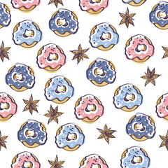 Isolated vector color sketch of seamless pattern with donuts and badyan