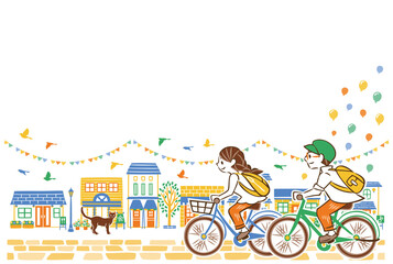 夏　街並み　自転車　カップル