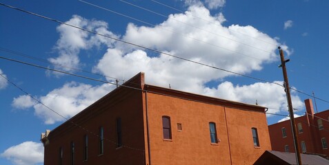 house, building, architecture, sky, old, blue, home, city, window, construction, roof, urban, town, clouds, facade, brick, wall, exterior, new, apartment, street