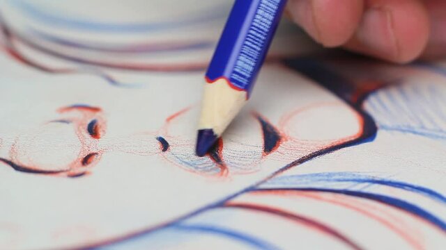 Human hand drawn a picture, Hand drawn illustration of woman lips with blue and red pencil