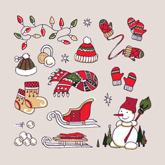 Christmas and New Year element collection. Winter accessories set. Snowman, sled, snow balls, knitted cap, mittens, scarf, earflaps, boots, colored lights garland, hand drawn, vector sketch, isolated.