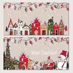 Christmas and New Year element collection. Winter holiday set. House facades, snow, flag, fir-tree, pine cone, gift, snowman, colored lights, garland, postcard, hand drawn, vector sketch, isolated.