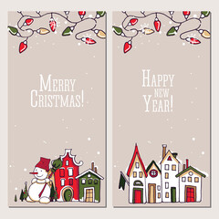 Christmas and New Year element collection. Winter holiday and celebrations set. House facades, snow, flag, snowman, colored lights, garland, postcard, hand drawn, vector sketch, isolated.