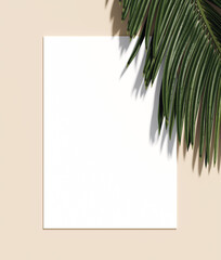Minimal nature background for summer concept. White paper and green palm leaf on beige background. 3d render illustration. Object isolate clipping path included.