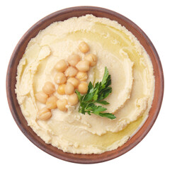 Flat lay view at hummus - spread made from cooked, mashed chickpeas topped with beans and green...