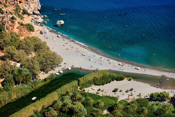 CRETE ISLAND, GREECE- August 29, 2008. Panoramic view of Preveli beach and Kourtaliotis river,...