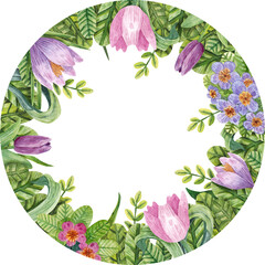 Hand-drawn round frame with primroses. Wreath with tulips, primula, crocuses and leaves. Botanical composition for decoration, design, printing, postcards, invitations, etc.