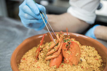 Professional chef finishes a tasty rice dish in a restaurant kitchen