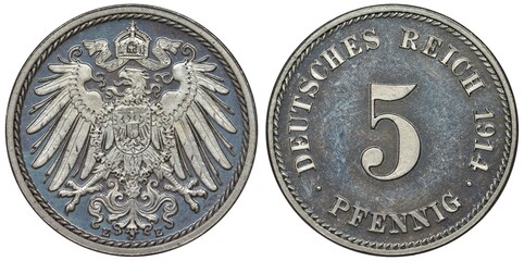 Germany German coin 5 five pfennig 1914, proof quality, crowned imperial eagle with shield on...
