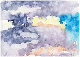 Watercolor sky background with thunderclouds and clouds