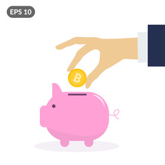 Businessman's hand putting bitcoin golden coin into piggy bank. Cryptocurrency investing