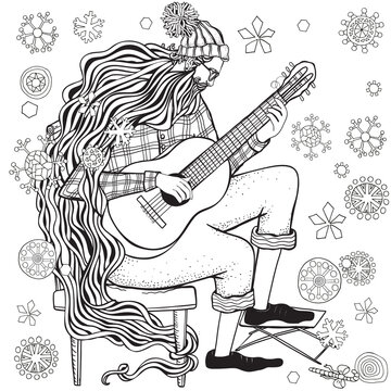 Guitar player. Man with a classical guitar. Snowing.  Winter snowflakes. Music coloring book page for adults and children.