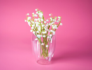 Bouquet of white flowers in a glass vase on a pink background