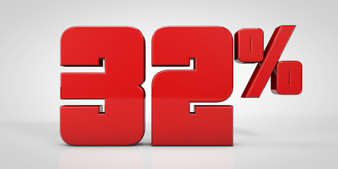 32% red text isolated on white background, 3d render illustration
