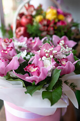 closeup bouquet of flowers in a gift box