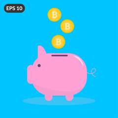 Bitcoin gold coins falling into the piggy bank concept