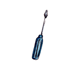 hand-drawn watercolor illustration. Manual repair tools: metal screwdriver on blue handle for connecting parts. isolated on a white background