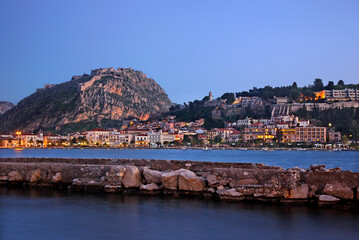 NAFPLIO TOWN, ARGOLIDA, PELOPONNESE, GREECE. View of the town from the islet of Bourtzi castle.