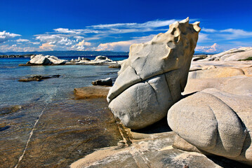 CHALKIDIKI, MACEDONIA, GREECE. Impressive rocks at Vourvourou beach, Sithonia penins